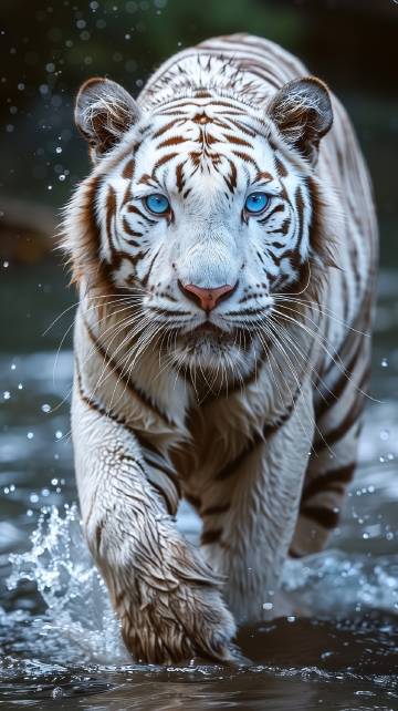 行走在水中的蓝眼睛白虎高清图片