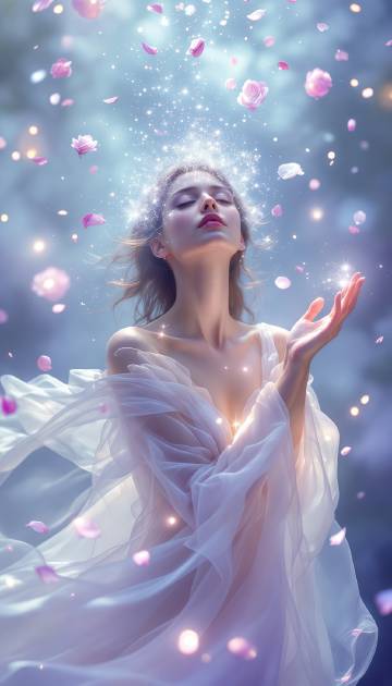 梦幻花雨中的白色纱衣美女