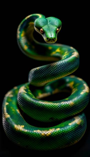 黄色斑纹的绿蛇特写图片