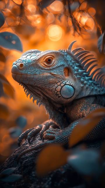 日落下的绿鬣蜥特写图片