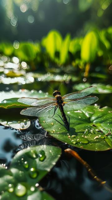 一只蜻蜓停在叶子上