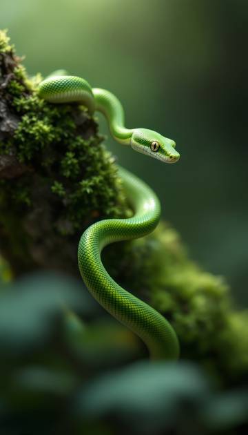 盘绕在树干上的绿色蛇特写