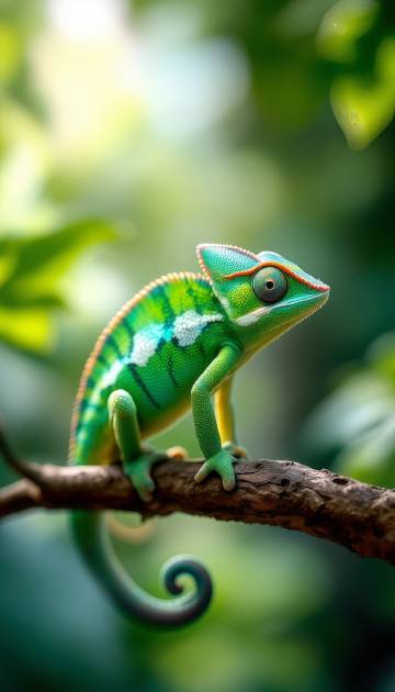 绿色的变色龙趴在树枝上图片