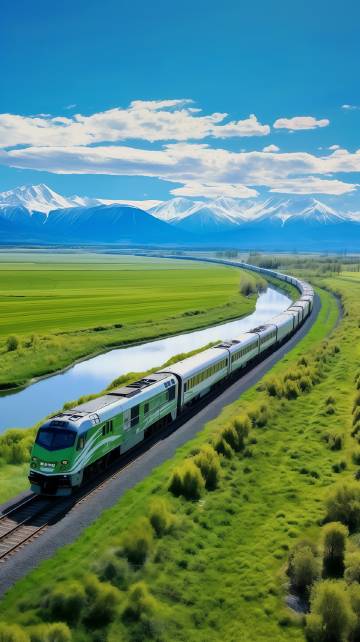 蓝天白云下的火车风景图片