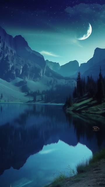 繁星点点，连绵的山脉，平静的湖水风景图片