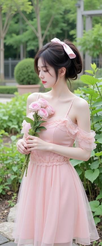 穿吊带手拿几束花的美女