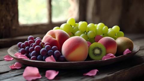 木质托盘上摆放着精心挑选的水果5K高清图