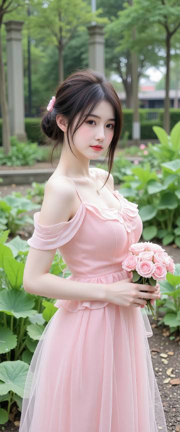 手拿一束粉色花的美女