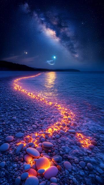 星空下海边发光的鹅卵石