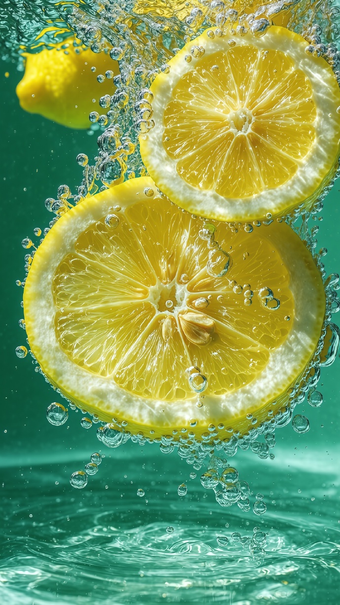 柠檬片落水瞬间特写照片