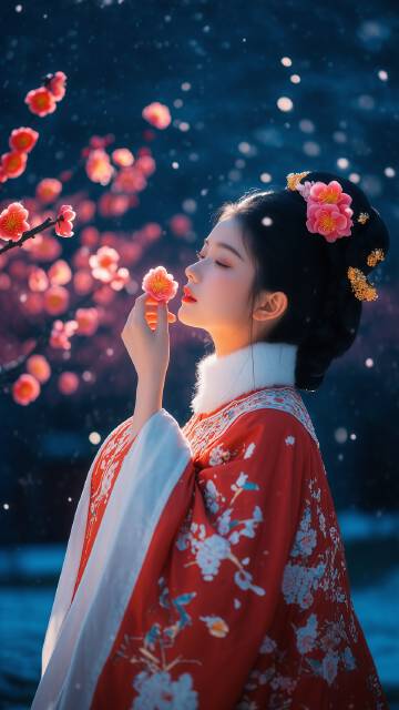 穿汉服闻花的古风美女