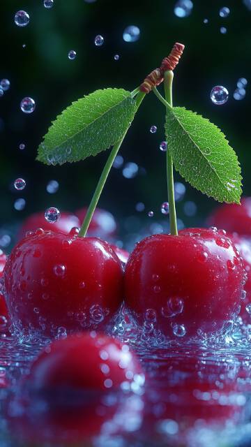 浅紫色透明的车厘子落水瞬间的特写