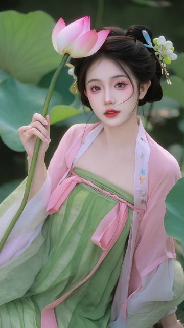 唯美绿粉汉服荷花美女