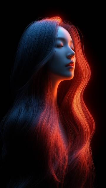 红蓝光晕中的长发美女