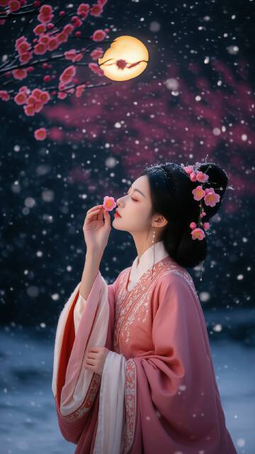 白雪飘飘下的古风美女