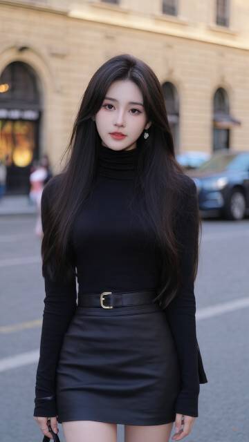 黑色皮裙魅力美女街拍图片
