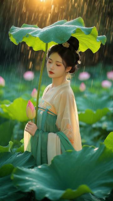 用莲叶遮雨的古风美人图片