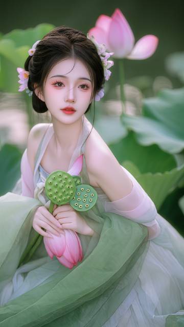 荷塘汉服采莲美女