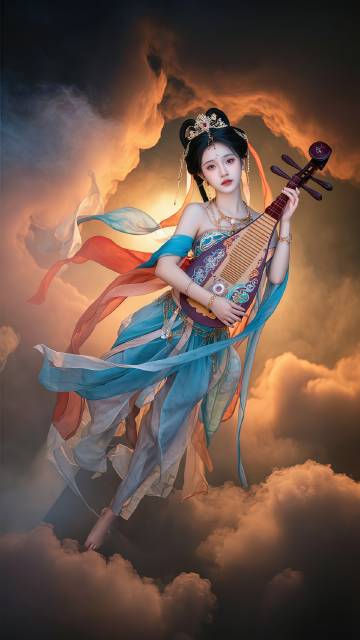 头戴唐朝珠宝手抱琵琶飞在空中的美女