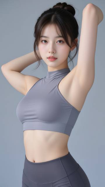 穿灰色上衣瑜伽裤的精致美女