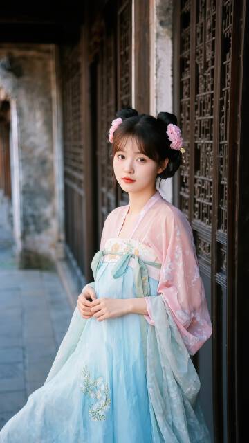 古建旁的粉蓝汉服少女