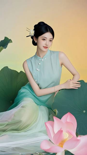 坐在荷花上的端庄美女