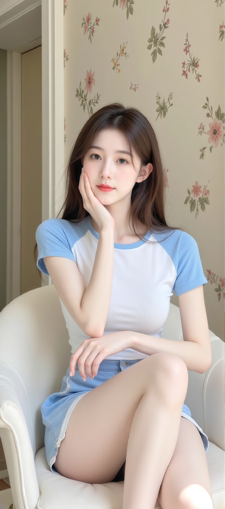 穿蓝白拼色短袖和蓝色短裤的清新甜美小姐姐