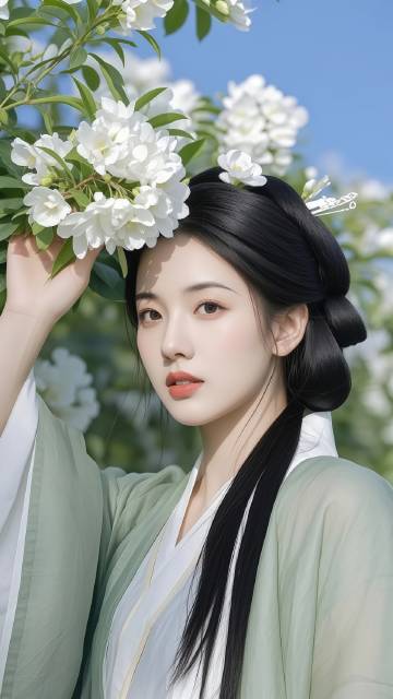 穿古装举着花的美女