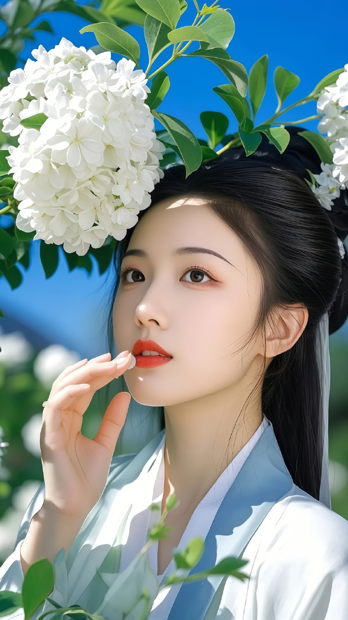 站在白花旁的清新古装美女