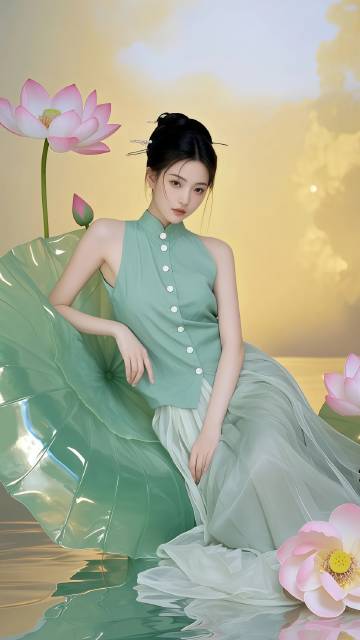 半趟在荷花上的美女图片