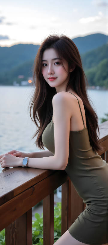 穿绿色吊带连衣裙的美女写真