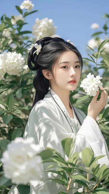 穿古装汉服花丛中拍照的美女