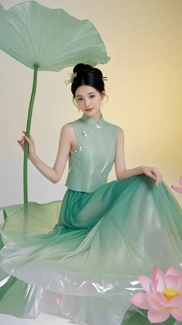 古风绿衣美女手持一朵大荷叶图片