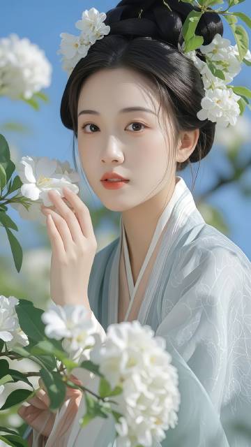 古装美女手抚白花的图片