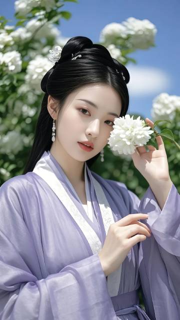 手持白花的紫色古装美女图片