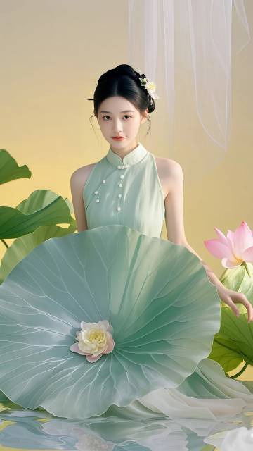 坐在荷花中优雅韵味的古风美女