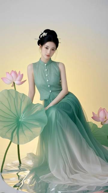 荷花丛中的绿衣古风美女