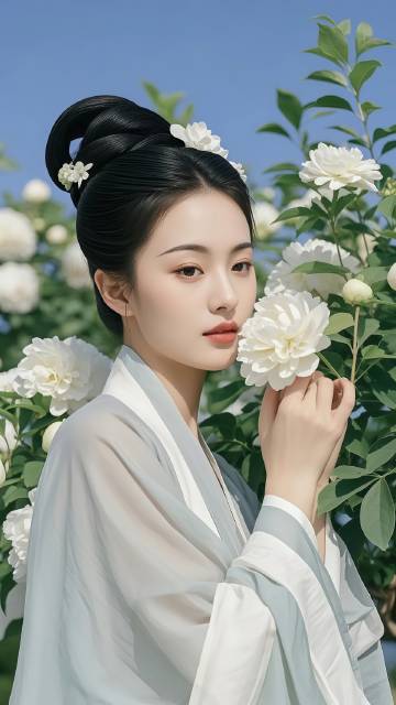 古装美女闻白色花朵的图片