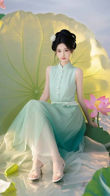坐在荷花丛中的优雅古风绿衣美女