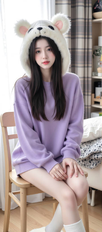穿着淡紫色卫衣戴毛绒帽子的精致美女