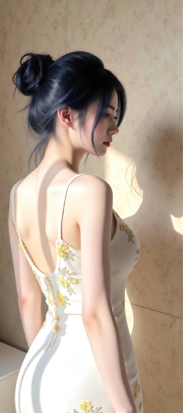 穿着露背白色吊带连衣裙的美女