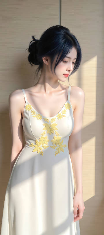 穿着白色黄色花朵刺绣吊带连衣裙的美女