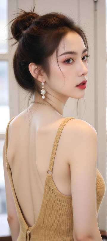 穿米色吊带露背针织连衣裙的侧面美女