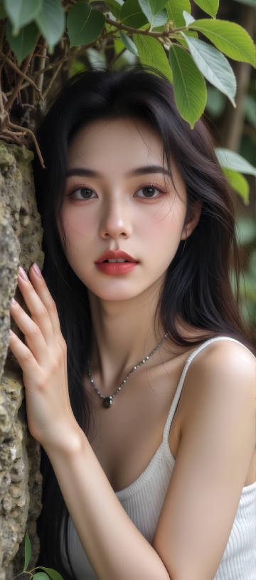 白色吊带美女靠在一面石墙上的图片