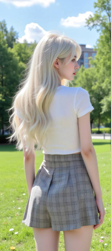 金色的长发穿着白色短袖和格子短裤的美少女