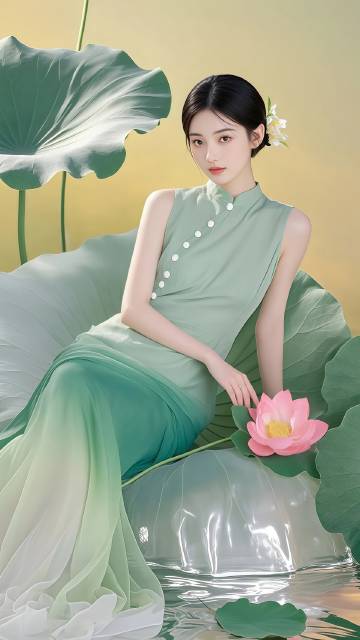 手捧荷花的精致美女图片