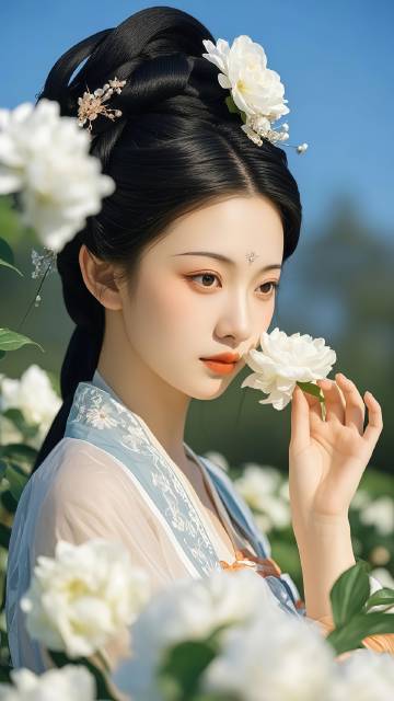 古装优雅美女闻着白花图片