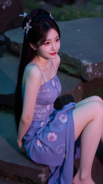 身着紫色亮片吊带长裙坐在石头上的美女