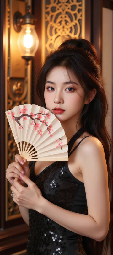 手持一把绘有粉色花枝图案扇子穿吊带裙的美女