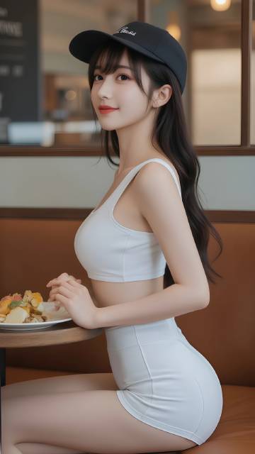 穿白色运动背心戴棒球帽的时尚美女